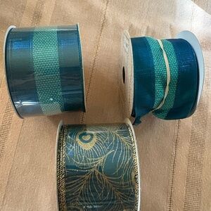 Decorative ribbons. 2 new/unopened. 2.5 in x 8.34yds. Turquoise & gold.